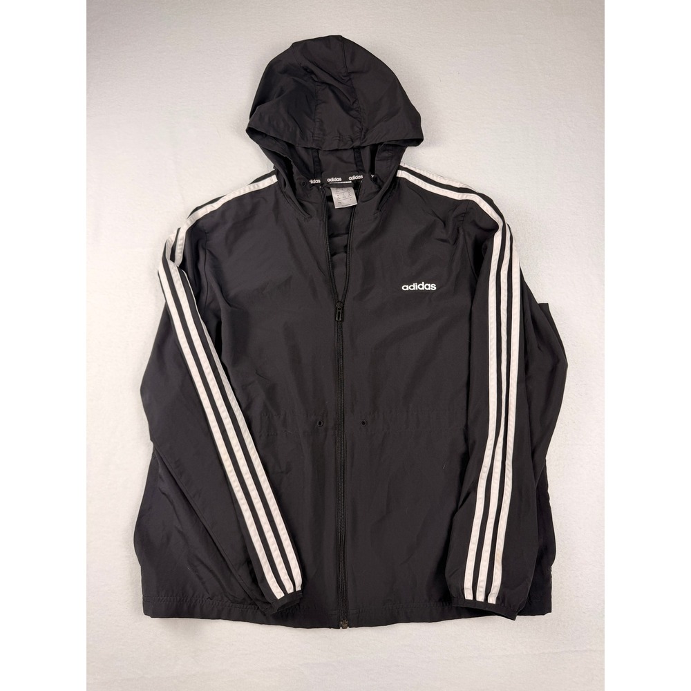 Adidas Womens XL Climalite Windbreaker Jacket Black 3 Stripe Hooded Full Zip